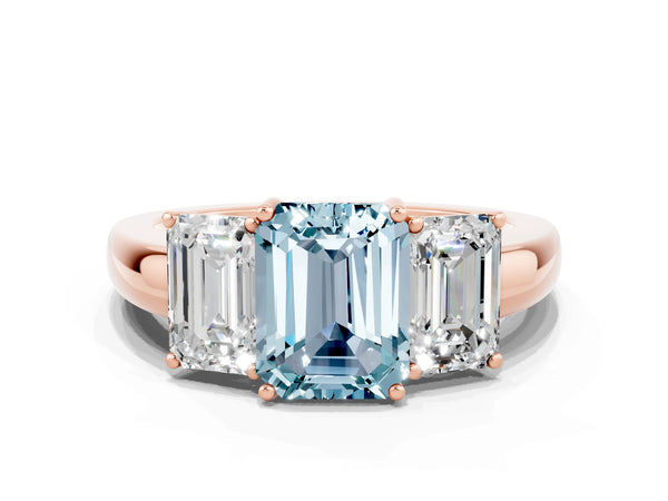 Rose gold Emerald Cut Aquamarine Three-Stone Ring with Four-Prong Setting and Classic Band