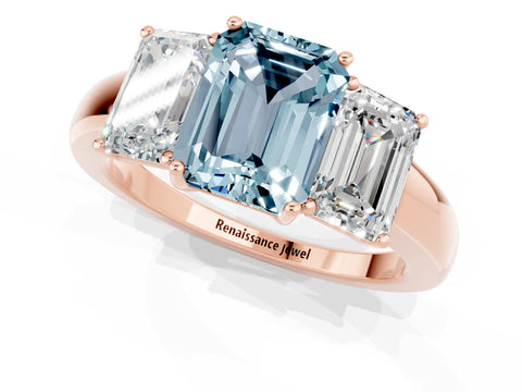 Rose gold Emerald Cut Aquamarine Three-Stone Ring with Four-Prong Setting and Classic Band_1