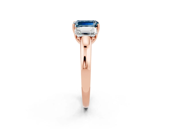 Rose gold Emerald Cut Aquamarine Three-Stone Ring with Four-Prong Setting and Classic Band
