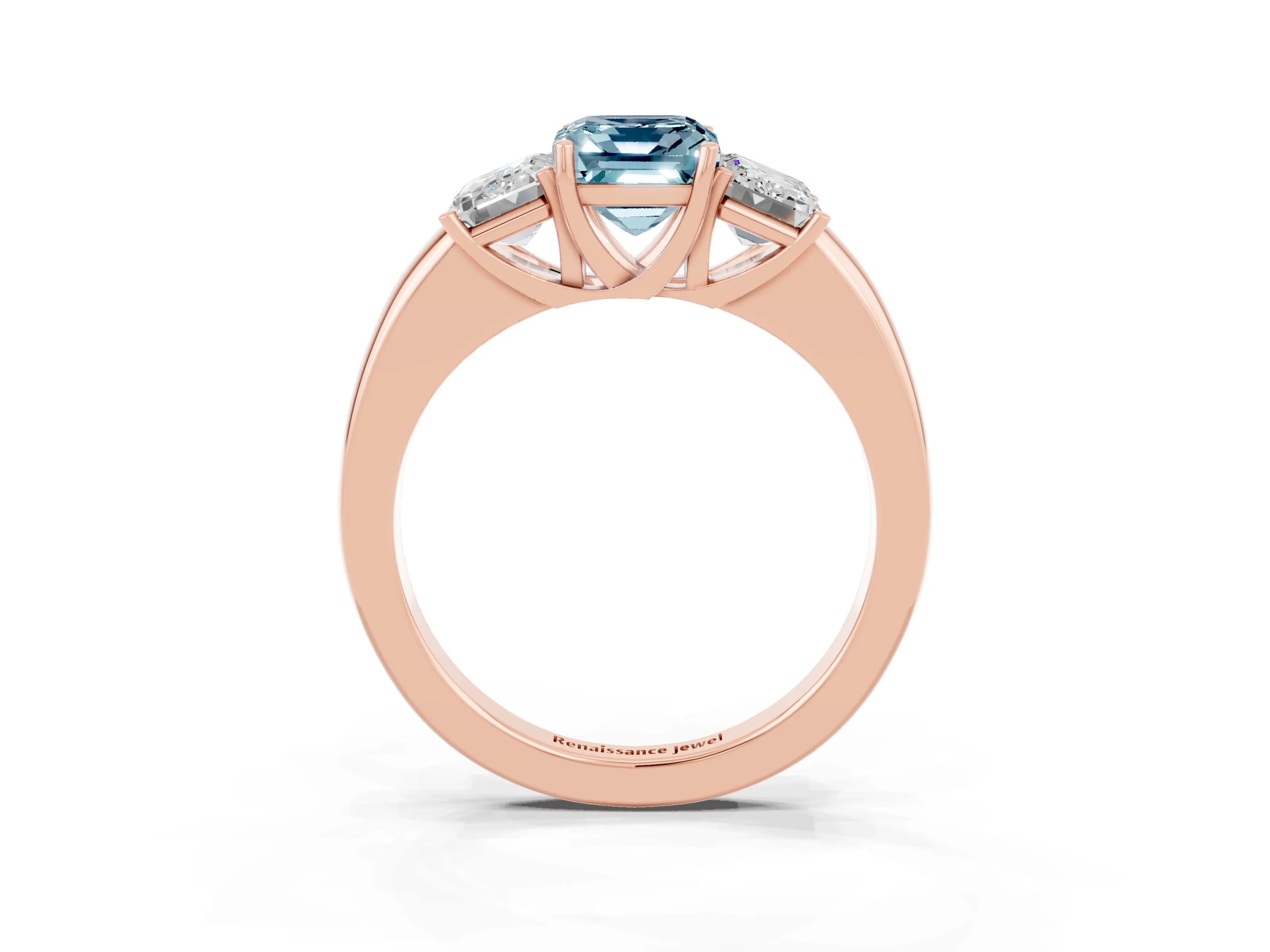 Rose gold Emerald Cut Aquamarine Three-Stone Ring with Four-Prong Setting and Classic Band_3