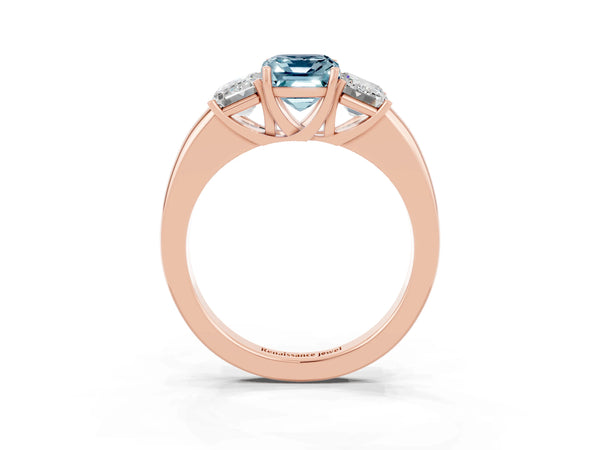 Rose gold Emerald Cut Aquamarine Three-Stone Ring with Four-Prong Setting and Classic Band