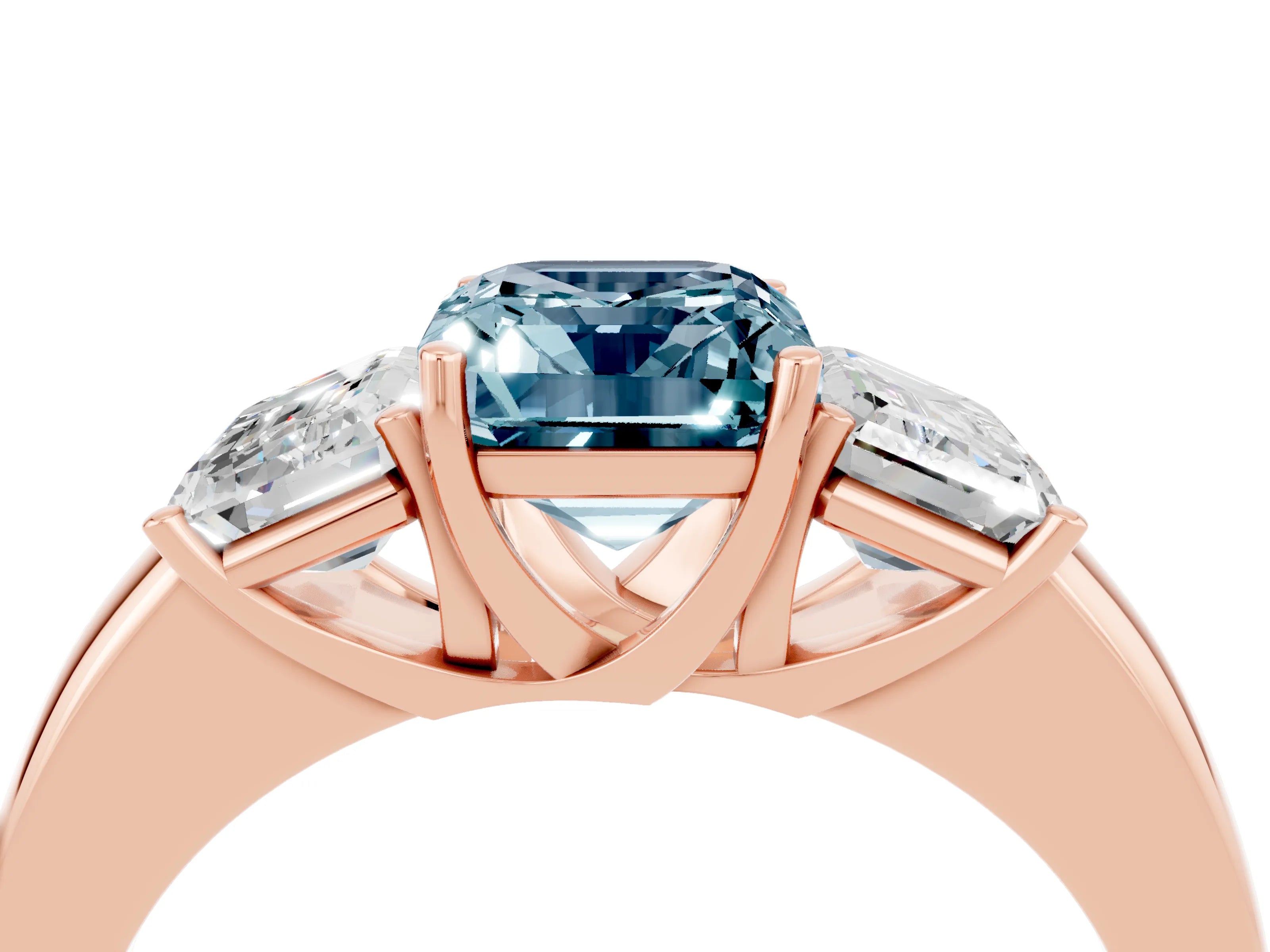 Rose gold Emerald Cut Aquamarine Three-Stone Ring with Four-Prong Setting and Classic Band_4
