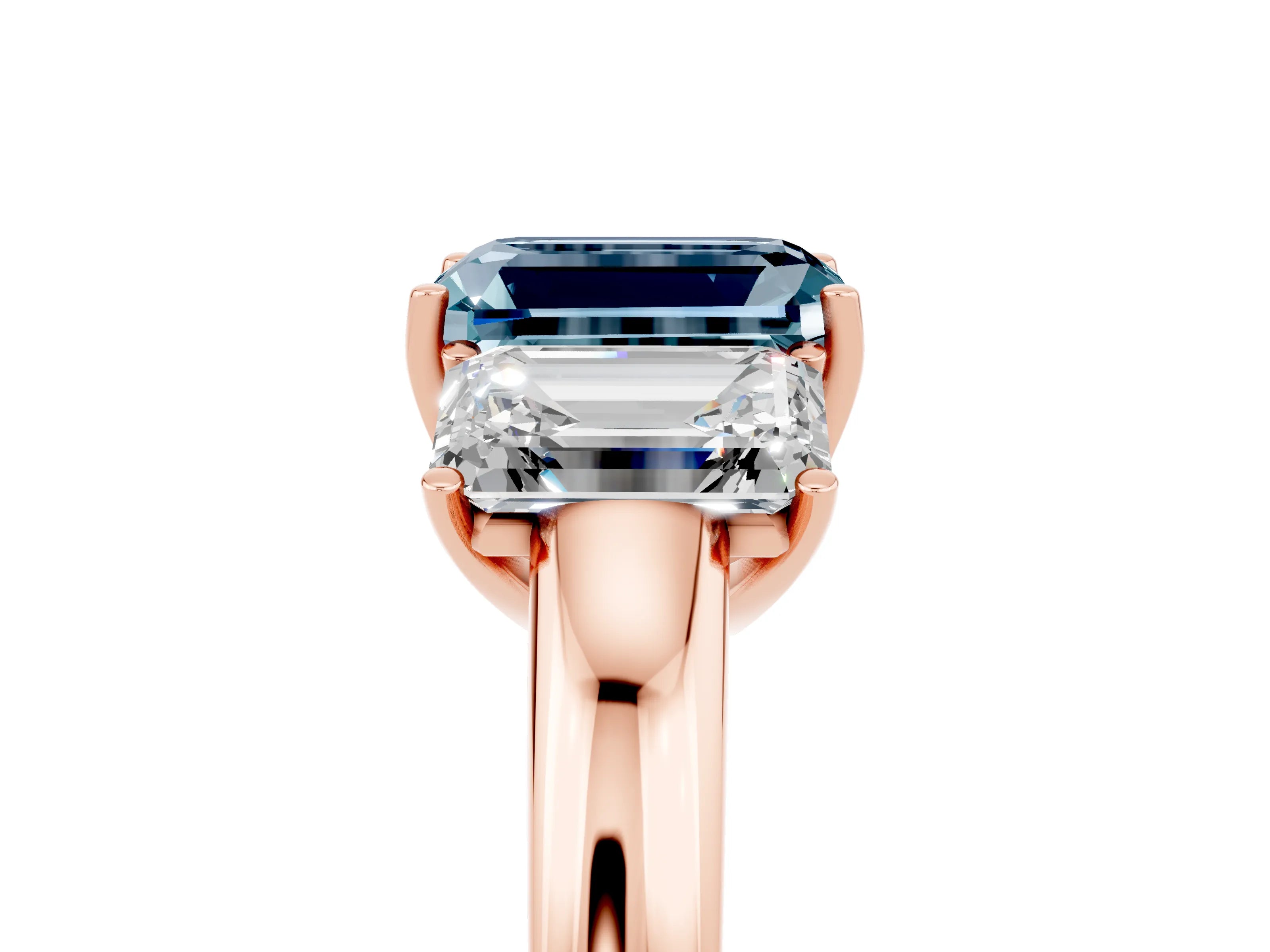 Rose gold Emerald Cut Aquamarine Three-Stone Ring with Four-Prong Setting and Classic Band_5