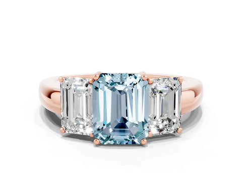 Rose gold Emerald Cut Aquamarine Three-Stone Ring with Four-Prong Setting and Classic Band