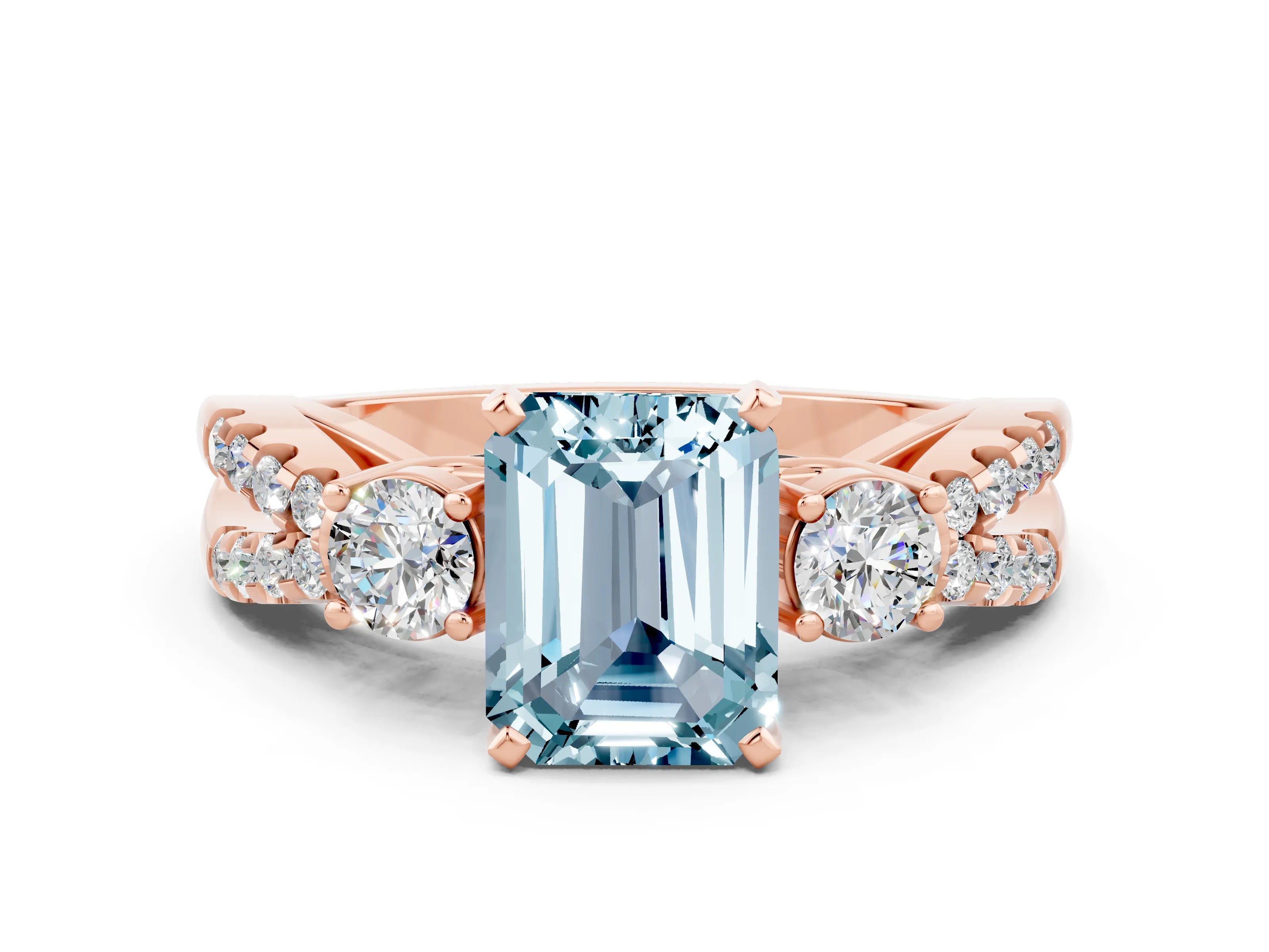 Rose gold Emerald Cut Aquamarine Three-Stone Ring with Pavé Split Shank and Four-Prong Setting