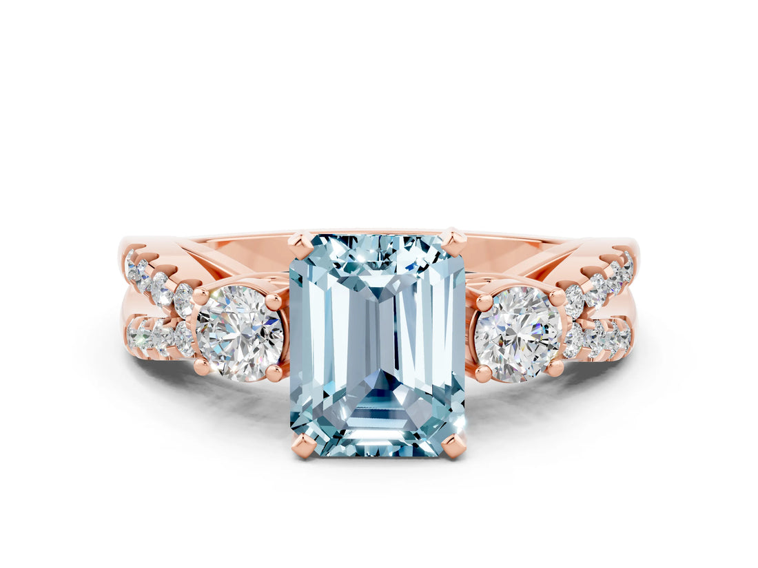 Rose gold Emerald Cut Aquamarine Three-Stone Ring with Pavé Split Shank and Four-Prong Setting