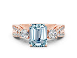 Rose gold Emerald Cut Aquamarine Three-Stone Ring with Pavé Split Shank and Four-Prong Setting
