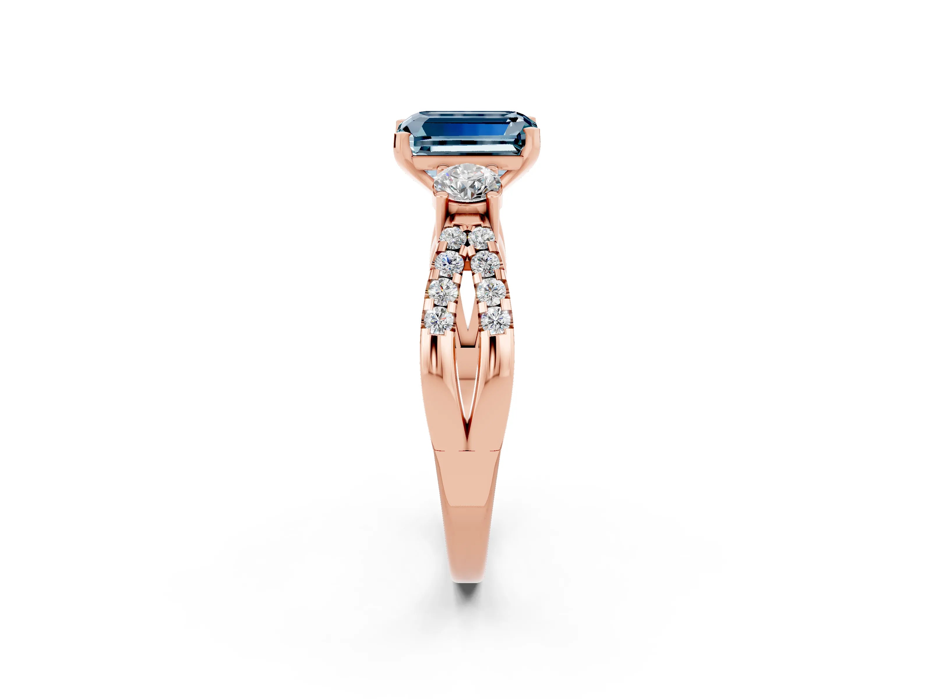 Rose gold Emerald Cut Aquamarine Three-Stone Ring with Pavé Split Shank and Four-Prong Setting_2