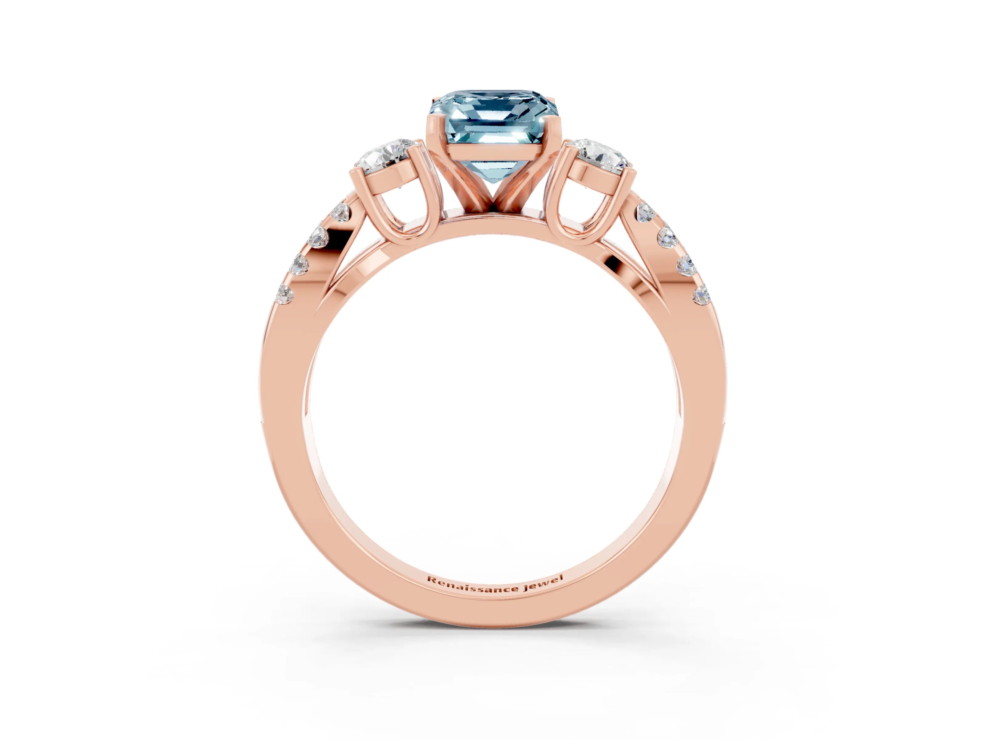 Rose gold Emerald Cut Aquamarine Three-Stone Ring with Pavé Split Shank and Four-Prong Setting_3