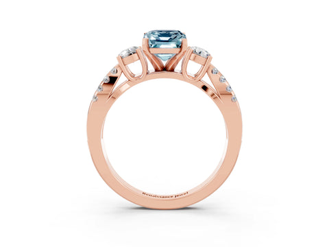 Rose gold Emerald Cut Aquamarine Three-Stone Ring with Pavé Split Shank and Four-Prong Setting_3