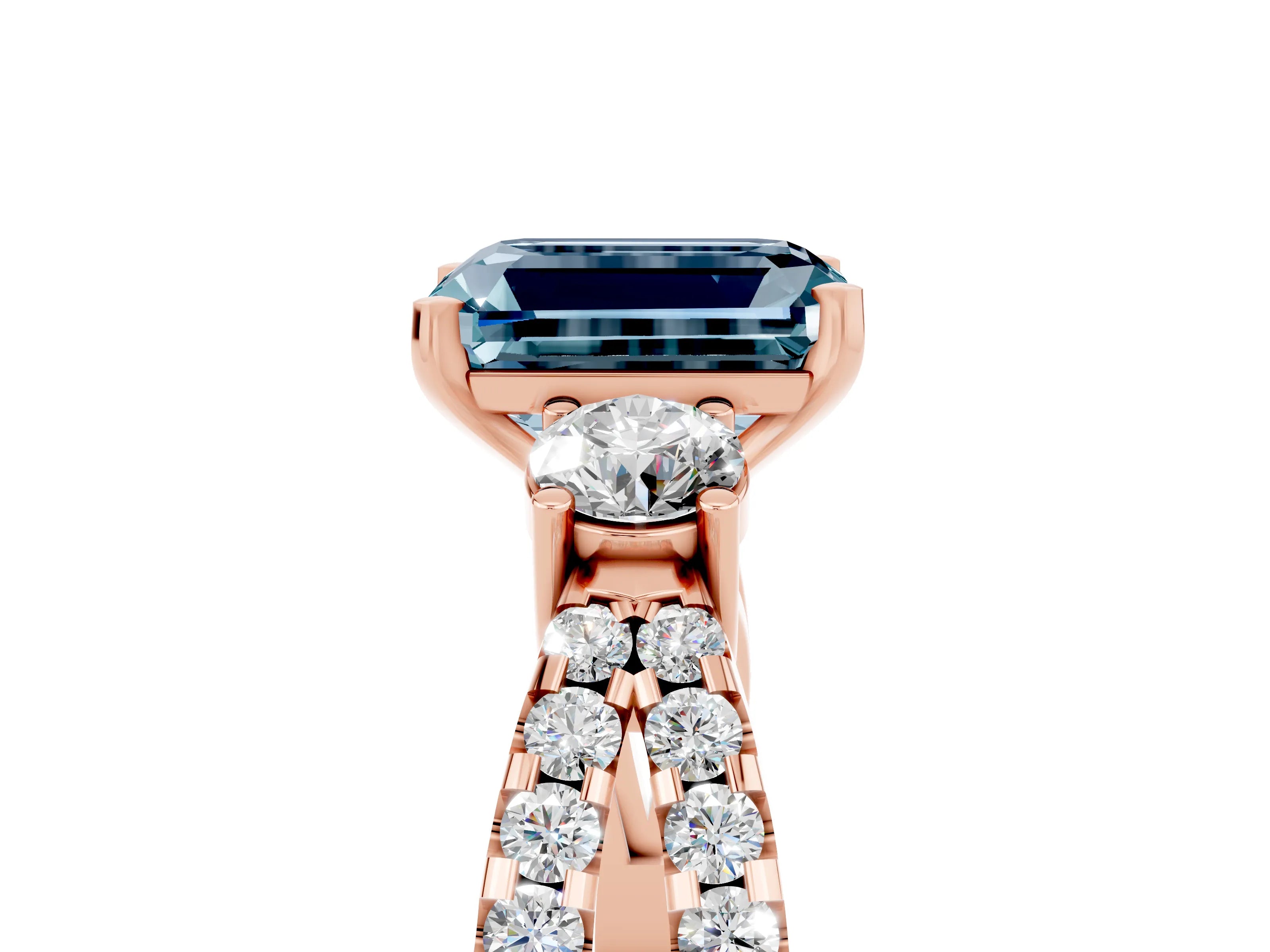 Rose gold Emerald Cut Aquamarine Three-Stone Ring with Pavé Split Shank and Four-Prong Setting_5