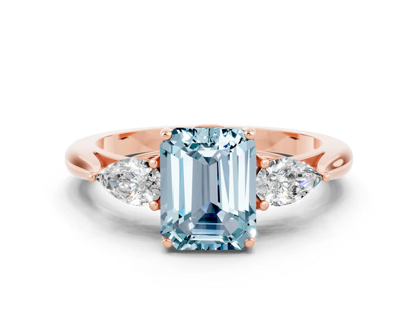 Rose gold Emerald Cut Aquamarine Three-Stone Ring with Pear  Side Stones and Prong Setting