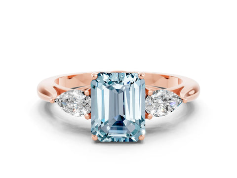 Rose gold Emerald Cut Aquamarine Three-Stone Ring with Pear Side Stones and Four-Prong Setting_12