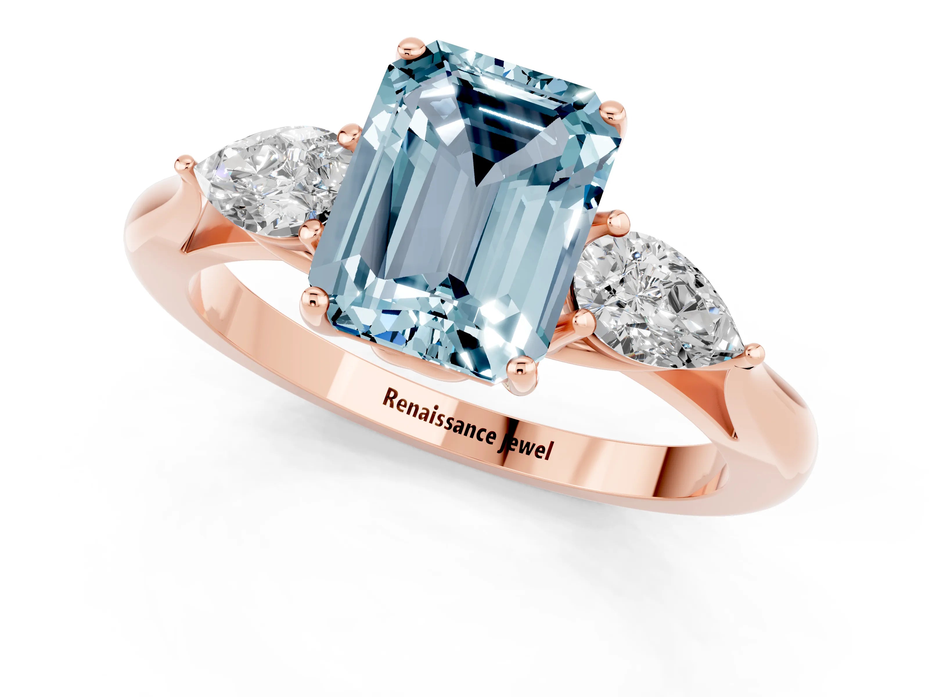 Rose gold Emerald Cut Aquamarine Three-Stone Ring with Pear Side Stones and Four-Prong Setting_13