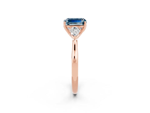 Rose gold Emerald Cut Aquamarine Three-Stone Ring with Pear Side Stones and Four-Prong Setting_14