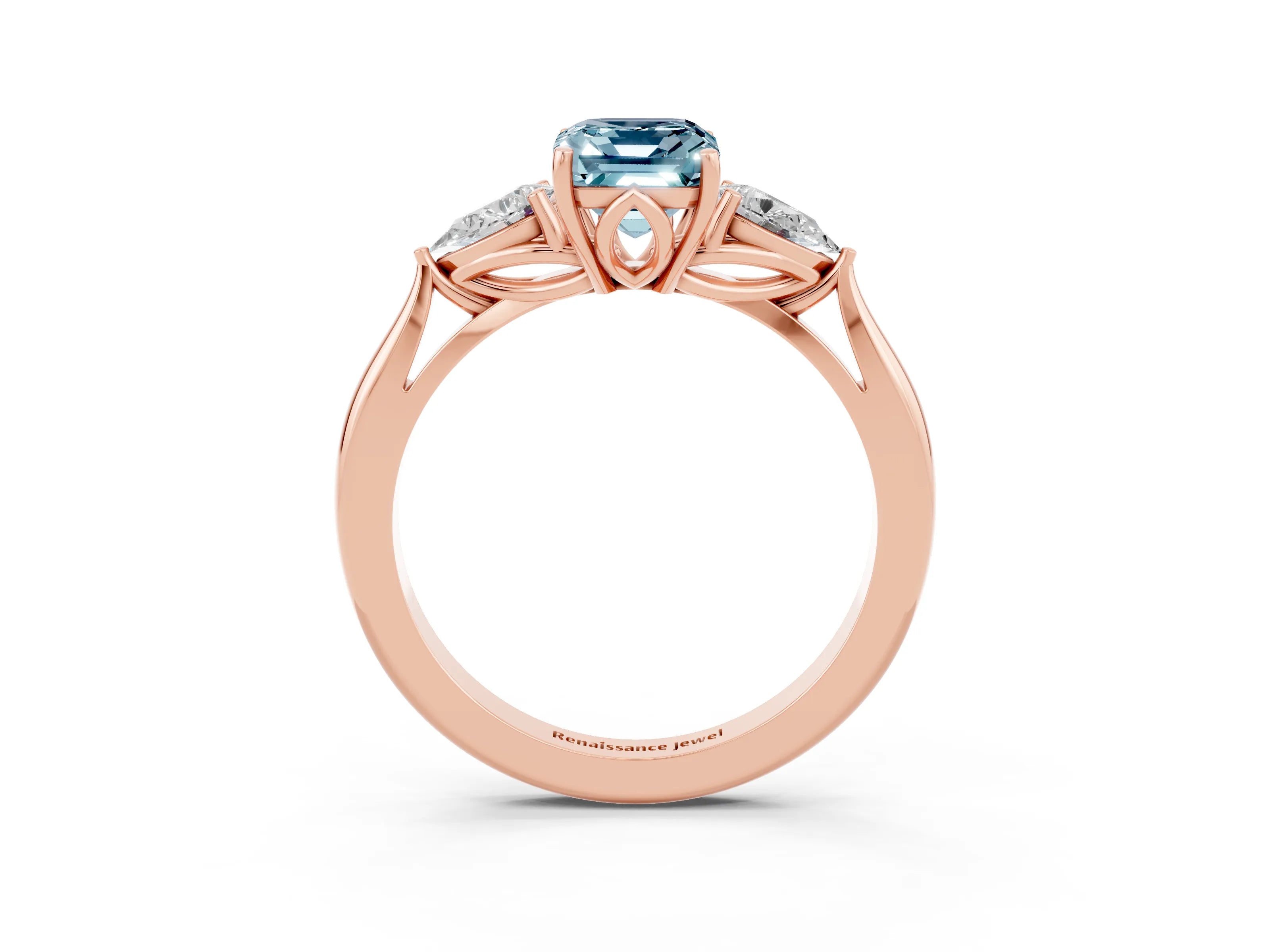 Rose gold Emerald Cut Aquamarine Three-Stone Ring with Pear Side Stones and Four-Prong Setting_15