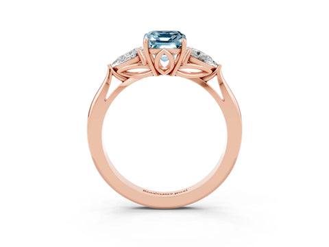 Rose gold Emerald Cut Aquamarine Three-Stone Ring with Pear Side Stones and Four-Prong Setting_15