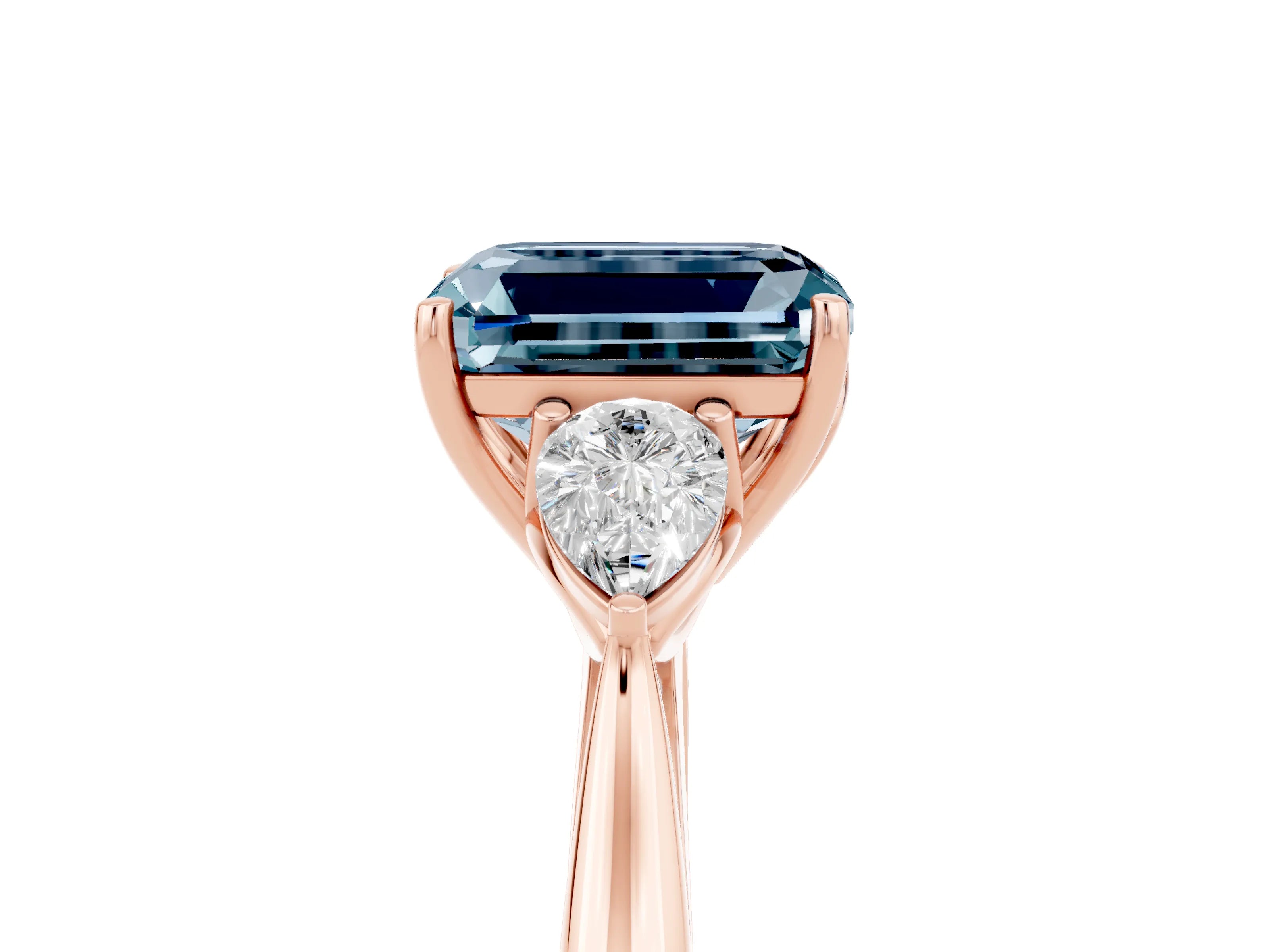 Rose gold Emerald Cut Aquamarine Three-Stone Ring with Pear Side Stones and Four-Prong Setting_17