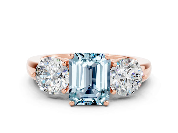 Rose gold Emerald Cut Aquamarine Three-Stone Ring with Prong Setting and Classic Band