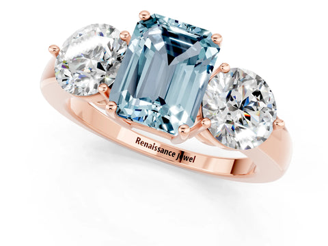Rose gold Emerald Cut Aquamarine Three-Stone Ring with Prong Setting and Classic Band_1