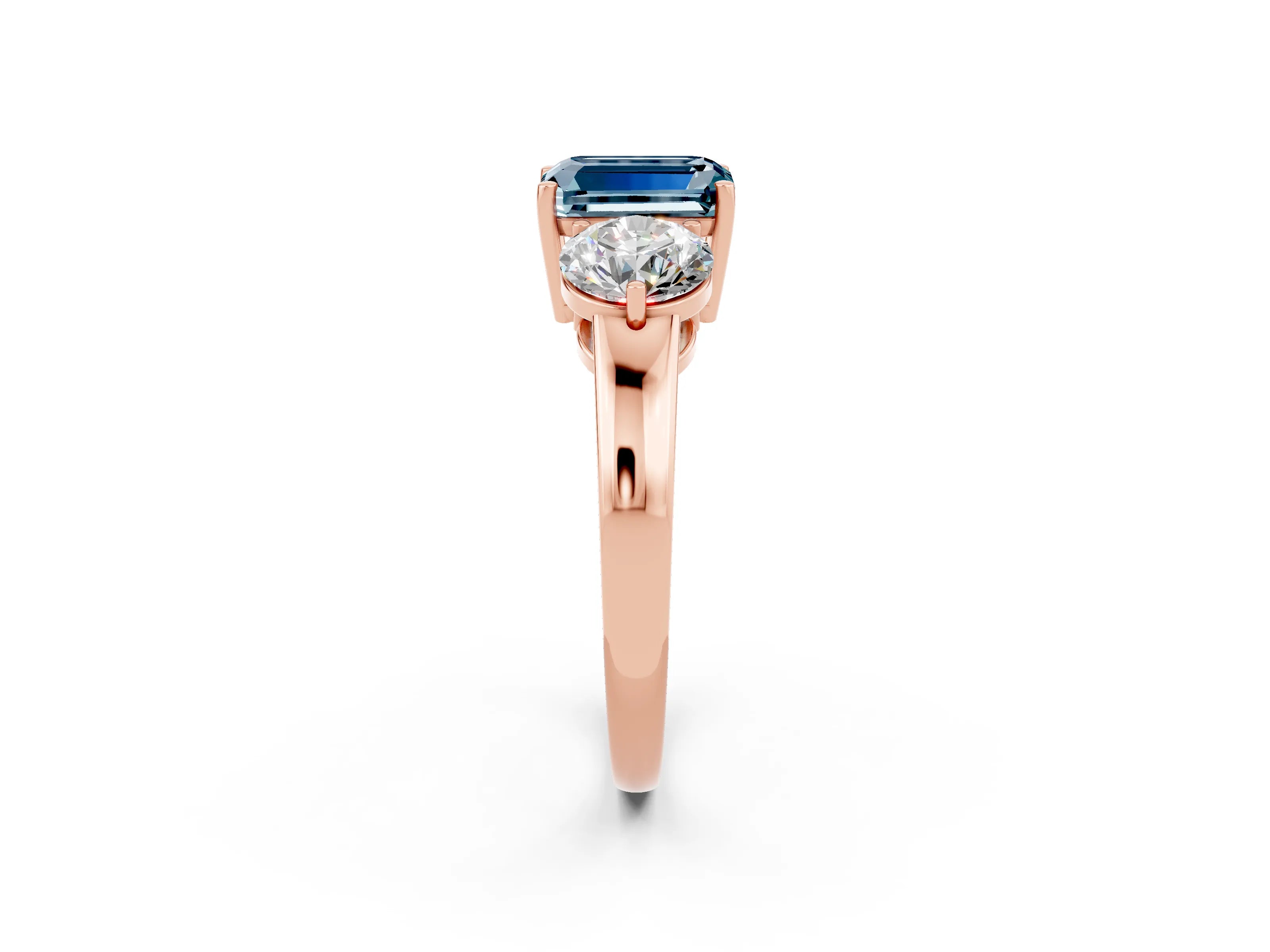 Rose gold Emerald Cut Aquamarine Three-Stone Ring with Prong Setting and Classic Band_2
