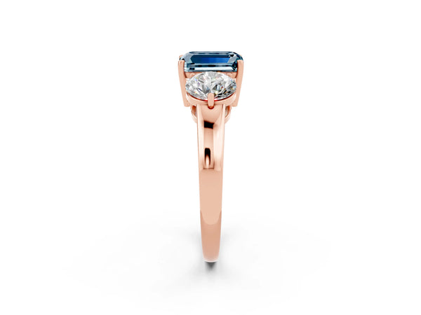 Rose gold Emerald Cut Aquamarine Three-Stone Ring with Prong Setting and Classic Band