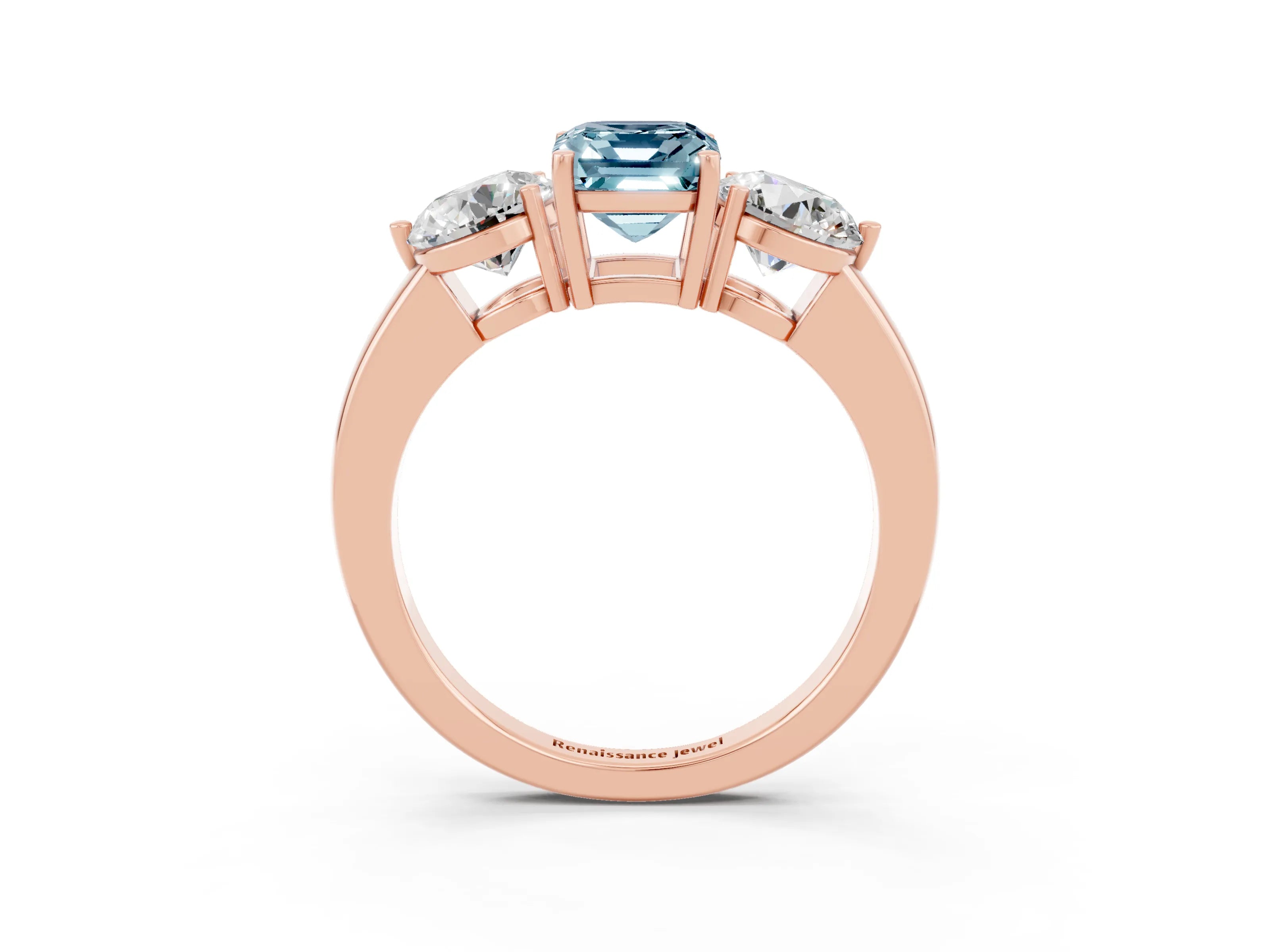Rose gold Emerald Cut Aquamarine Three-Stone Ring with Prong Setting and Classic Band_3