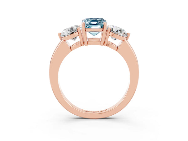 Rose gold Emerald Cut Aquamarine Three-Stone Ring with Prong Setting and Classic Band