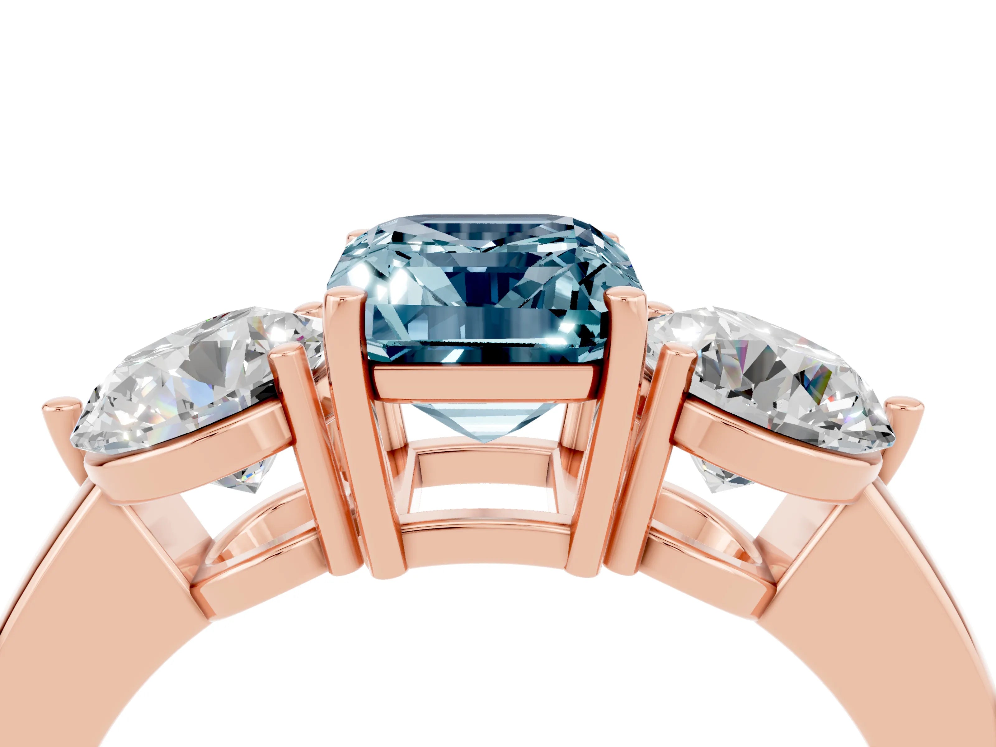Rose gold Emerald Cut Aquamarine Three-Stone Ring with Prong Setting and Classic Band_4