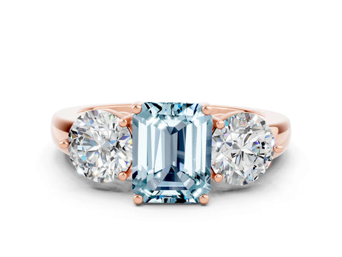 Rose gold Emerald Cut Aquamarine Three-Stone Ring with Prong Setting and Classic Band