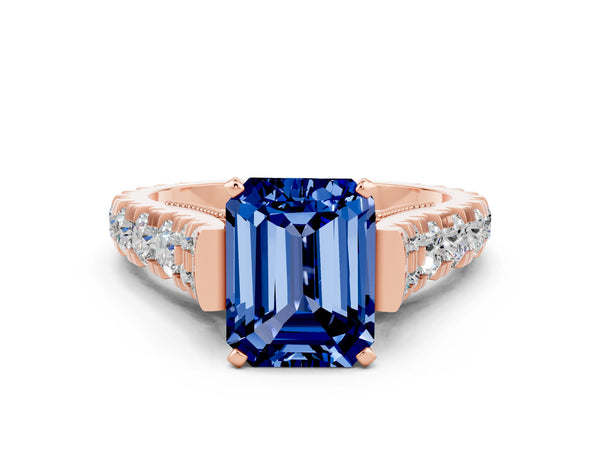 Rose gold Emerald Cut Blue Sapphire Classic Solitaire Ring with Pavé Band and Four-Prong Setting
