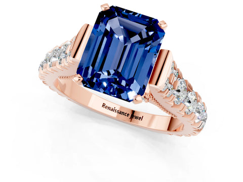 Rose gold Emerald Cut Blue Sapphire Classic Solitaire Ring with Pavé Band and Four-Prong Setting_1