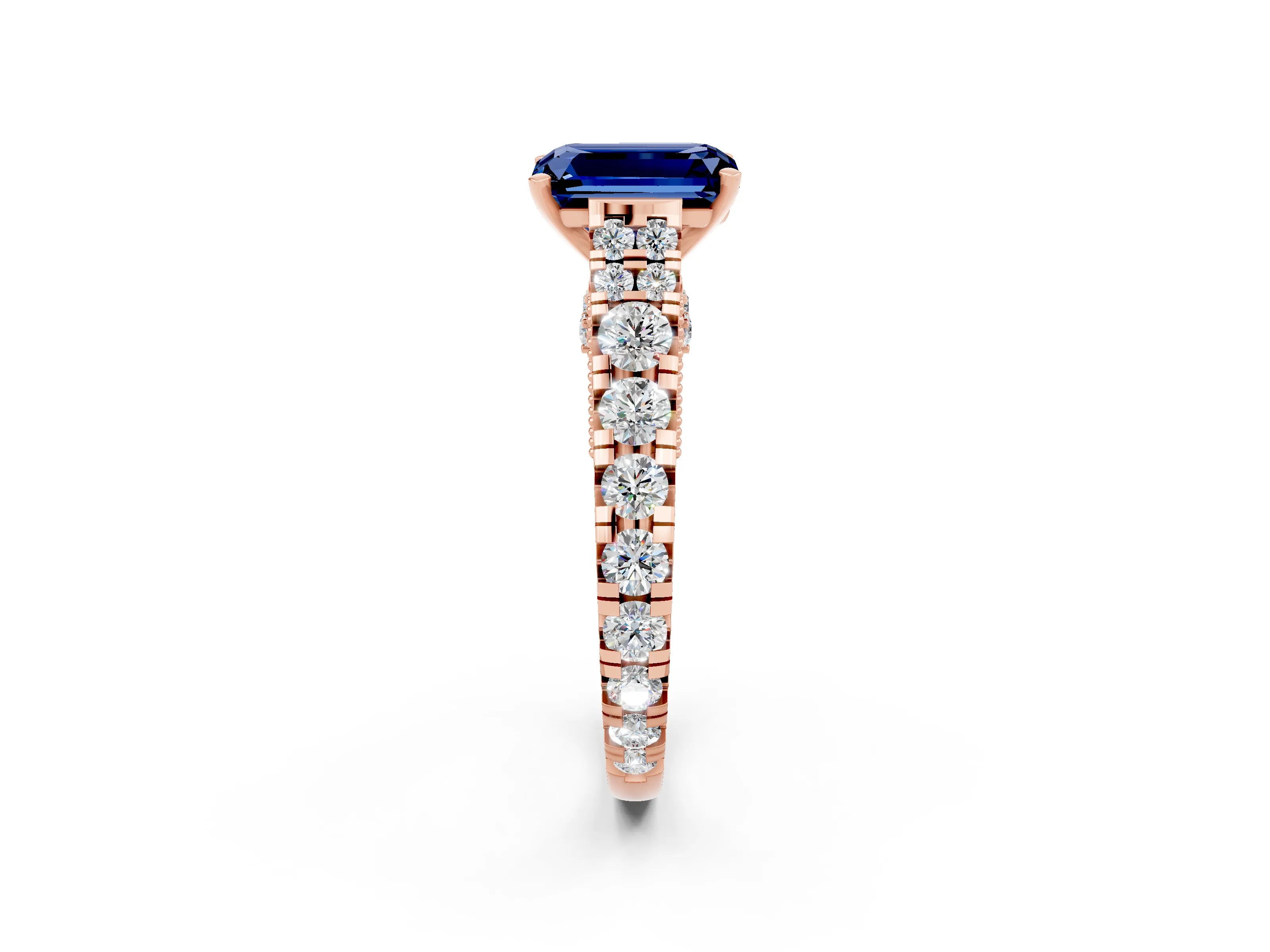 Rose gold Emerald Cut Blue Sapphire Classic Solitaire Ring with Pavé Band and Four-Prong Setting_2