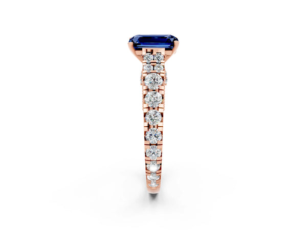 Rose gold Emerald Cut Blue Sapphire Classic Solitaire Ring with Pavé Band and Four-Prong Setting