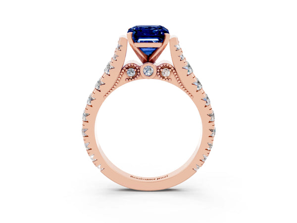 Rose gold Emerald Cut Blue Sapphire Classic Solitaire Ring with Pavé Band and Four-Prong Setting