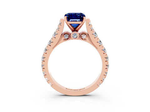 Rose gold Emerald Cut Blue Sapphire Classic Solitaire Ring with Pavé Band and Four-Prong Setting_3