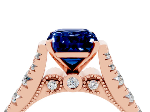 Rose gold Emerald Cut Blue Sapphire Classic Solitaire Ring with Pavé Band and Four-Prong Setting_4