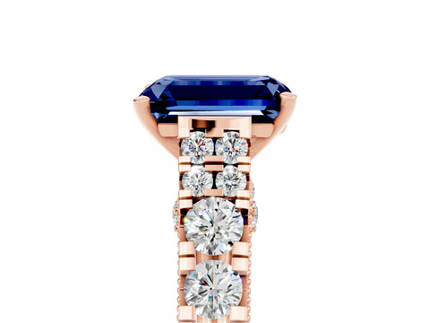Rose gold Emerald Cut Blue Sapphire Classic Solitaire Ring with Pavé Band and Four-Prong Setting_5