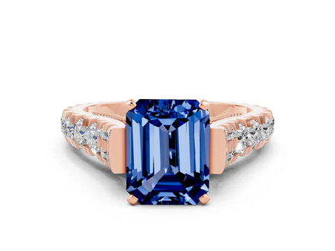 Rose gold Emerald Cut Blue Sapphire Classic Solitaire Ring with Pavé Band and Four-Prong Setting