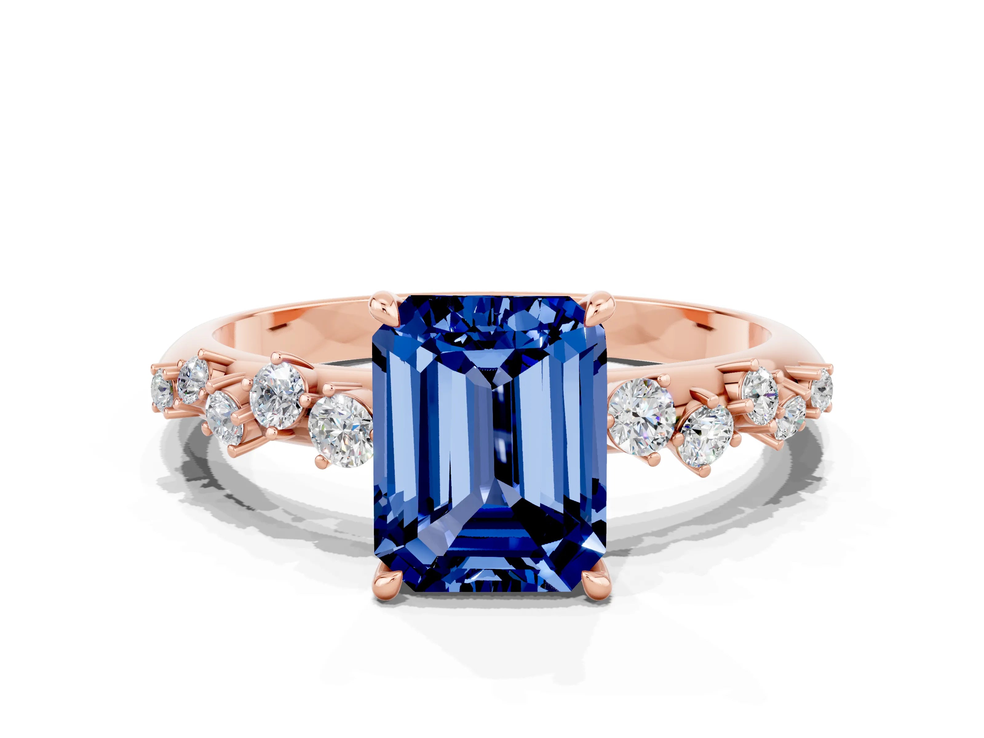 Rose gold Emerald Cut Blue Sapphire Cluster Side Stone Solitaire Ring with Prong Setting_24