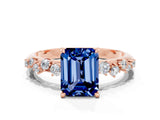 Rose gold Emerald Cut Blue Sapphire Cluster Side Stone Solitaire Ring with Prong Setting_24