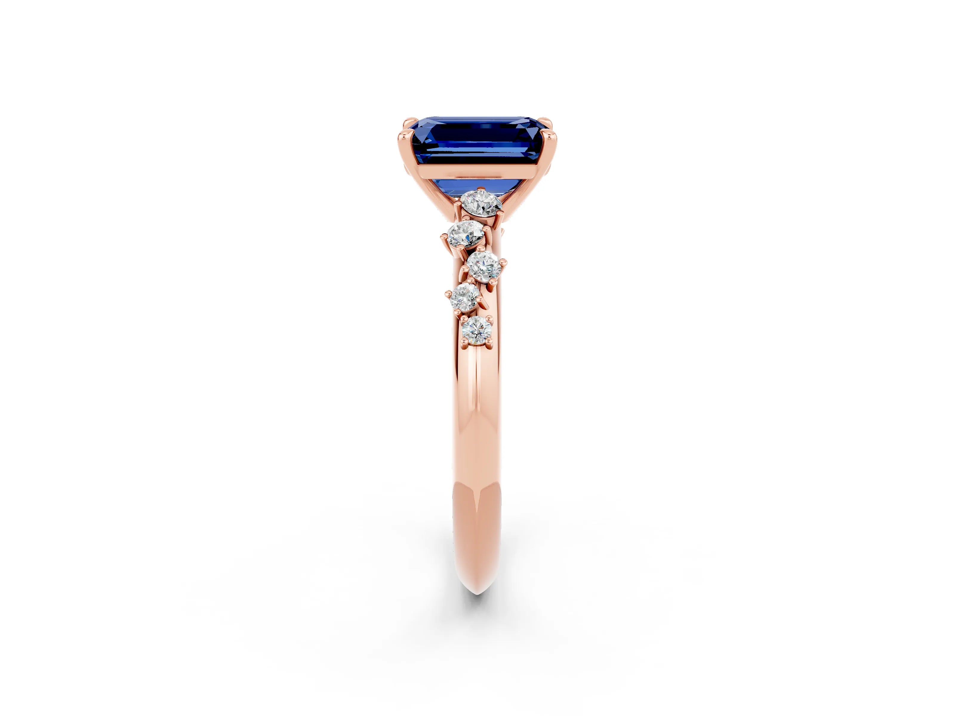 Rose gold Emerald Cut Blue Sapphire Cluster Side Stone Solitaire Ring with Prong Setting_26