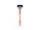 Rose gold Emerald Cut Blue Sapphire Cluster Side Stone Solitaire Ring with Prong Setting_26