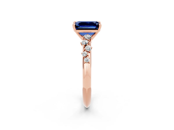 Rose gold Emerald Cut Blue Sapphire Cluster Side Stone Solitaire Ring with Prong Setting