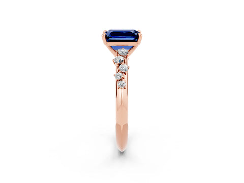 Rose gold Emerald Cut Blue Sapphire Cluster Side Stone Solitaire Ring with Prong Setting_26
