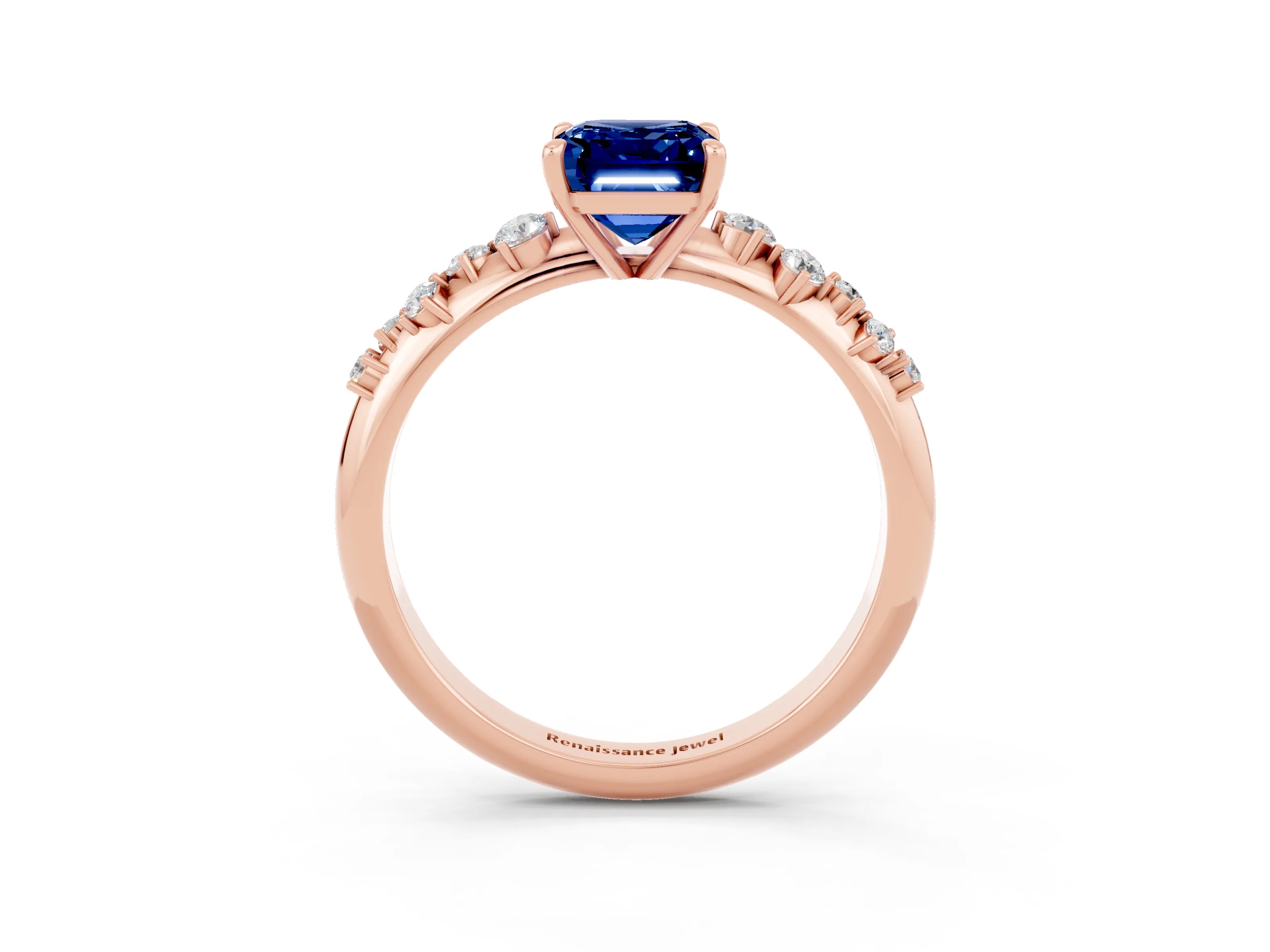 Rose gold Emerald Cut Blue Sapphire Cluster Side Stone Solitaire Ring with Prong Setting_27