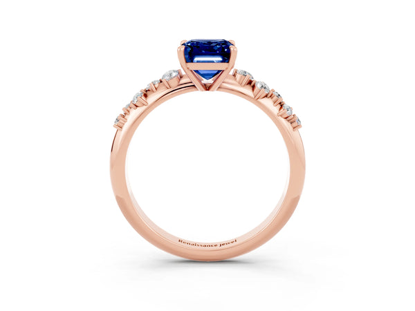 Rose gold Emerald Cut Blue Sapphire Cluster Side Stone Solitaire Ring with Prong Setting