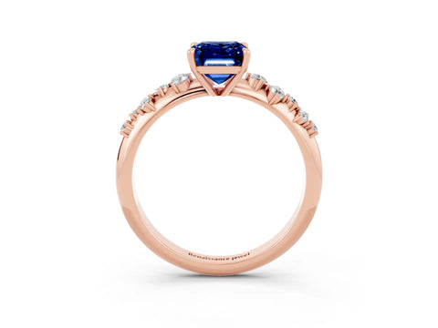 Rose gold Emerald Cut Blue Sapphire Cluster Side Stone Solitaire Ring with Prong Setting_27