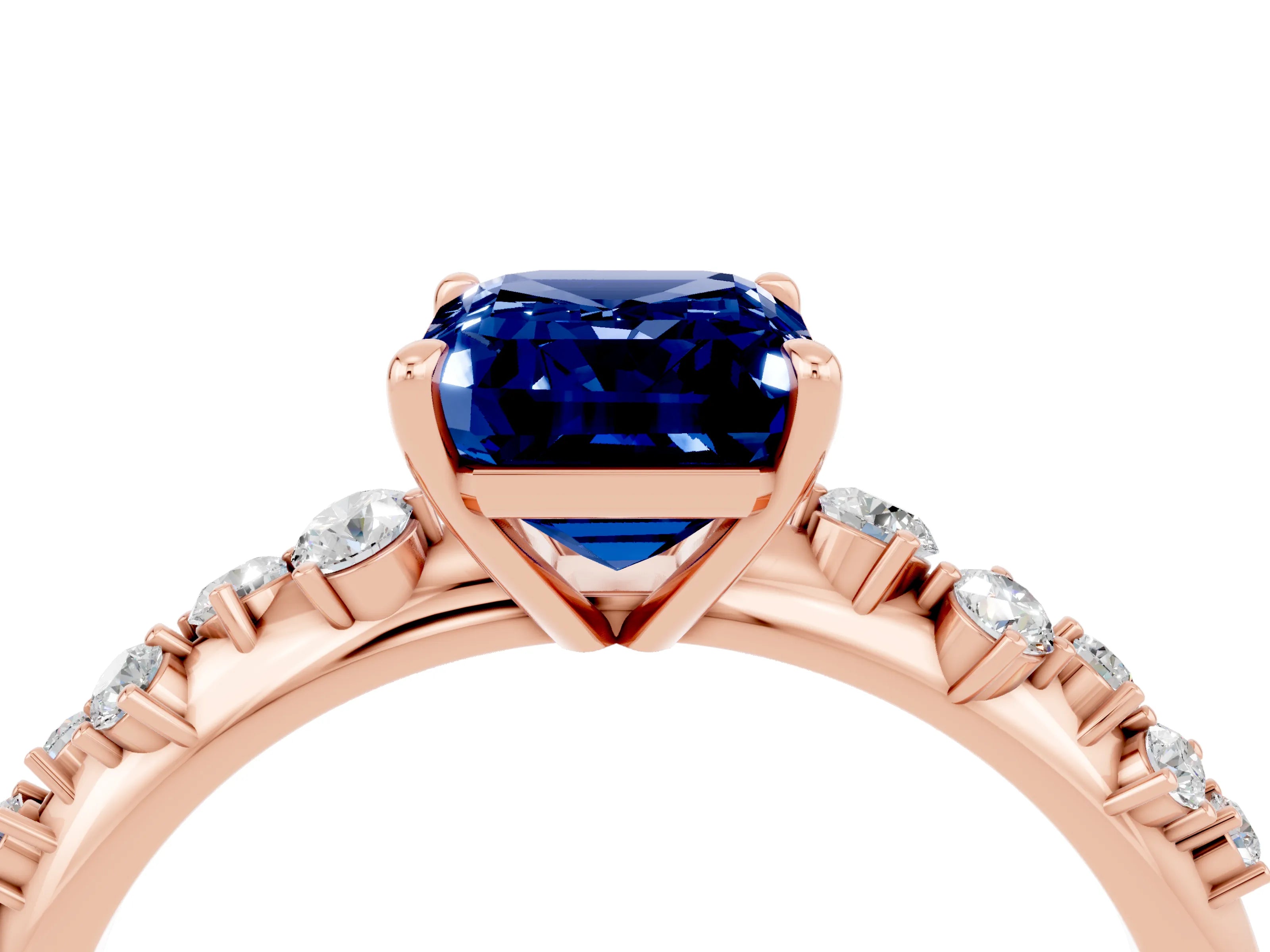 Rose gold Emerald Cut Blue Sapphire Cluster Side Stone Solitaire Ring with Prong Setting_28