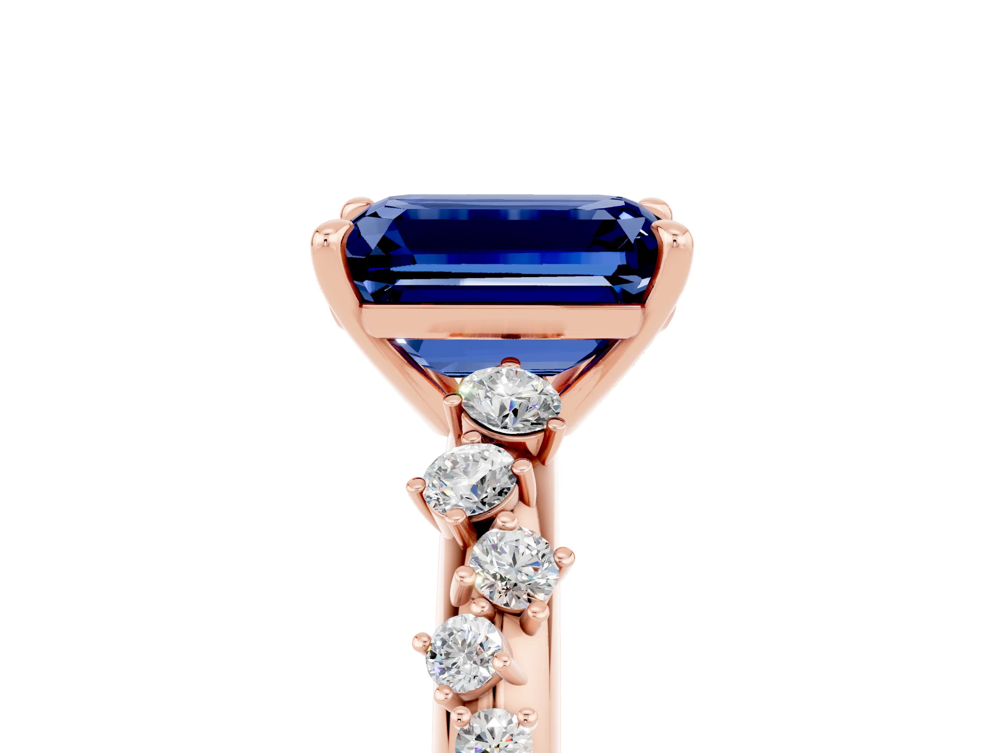 Rose gold Emerald Cut Blue Sapphire Cluster Side Stone Solitaire Ring with Prong Setting_29